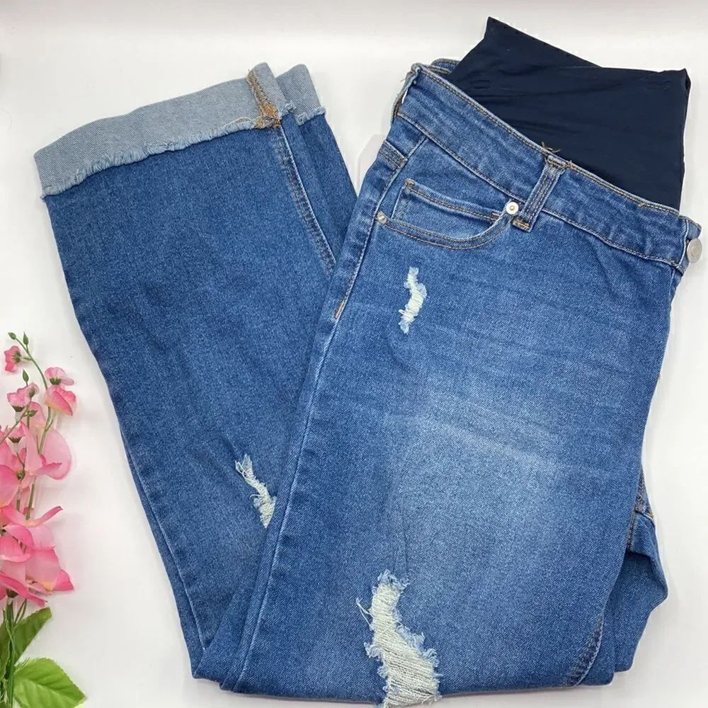 Women’s Maternity Medium Wash Denim Boyfriend Jeans Pants Size L